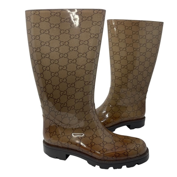 Gucci Shoes - Gucci Women's Brown Rubber Rain Boots GG Guccissima Pattern Size 37